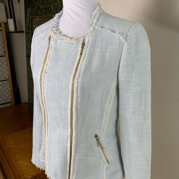 Sundance Sz 10 Cotton Tweed Blazer Jacket Blue Ivory Full Zip Raw Fringe Pockets - Picture 3 of 9